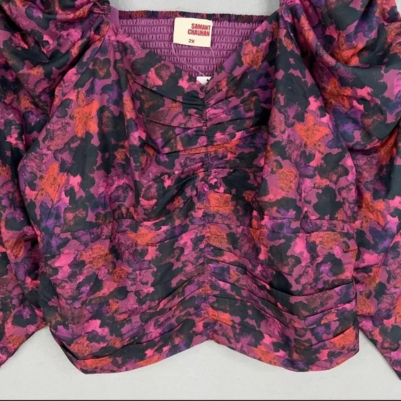 Anthropologie Samant Chauhan Blouse 2X Purple Floral Puff Square Ruched NWT - Picture 5 of 15